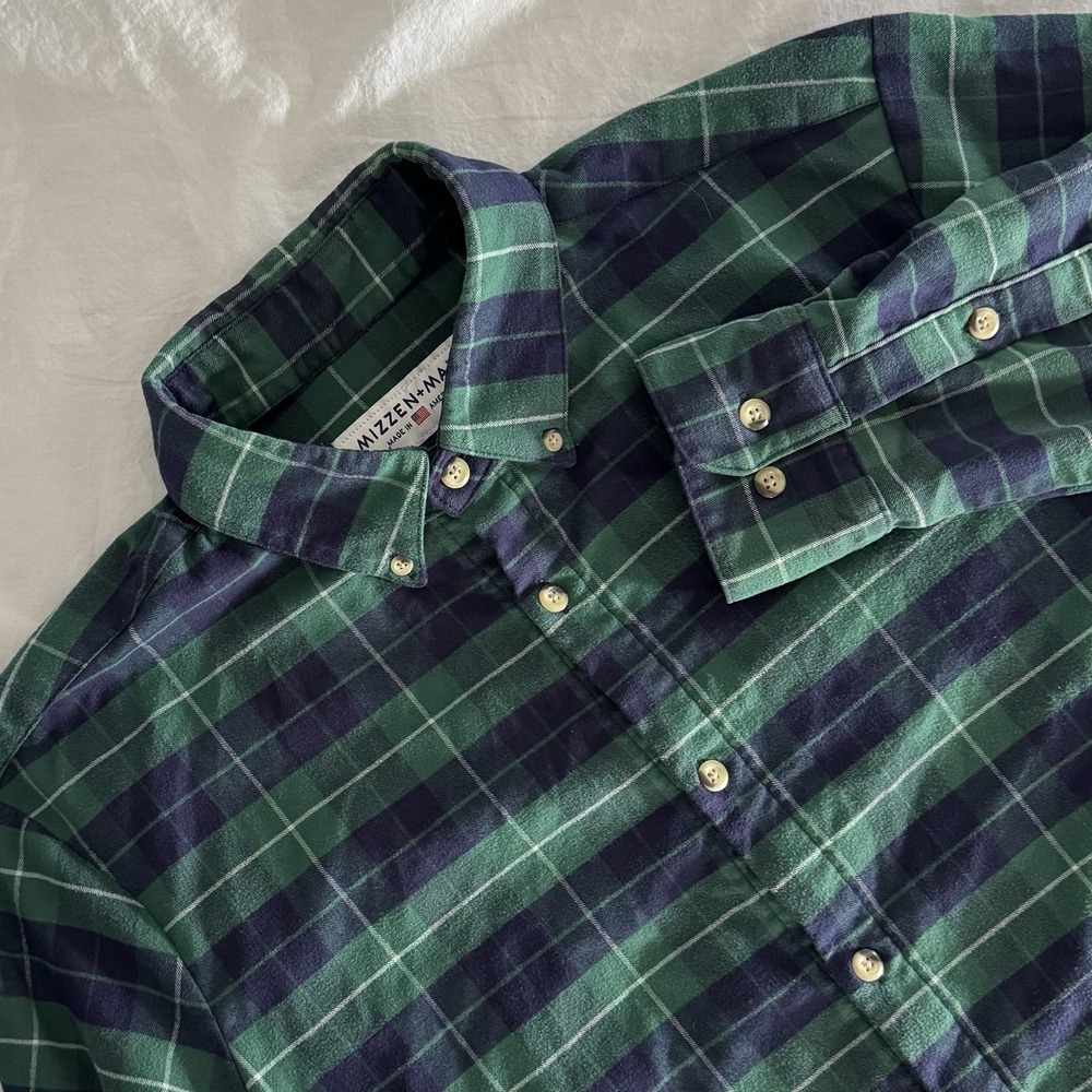 Mizzen+Main Mens Sz Large Green Blue Plaid Trim Fit Button Down Flannel Shirt